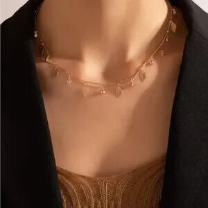 Gold Leaf and Crystal Charm Necklace Gift Minimalist
